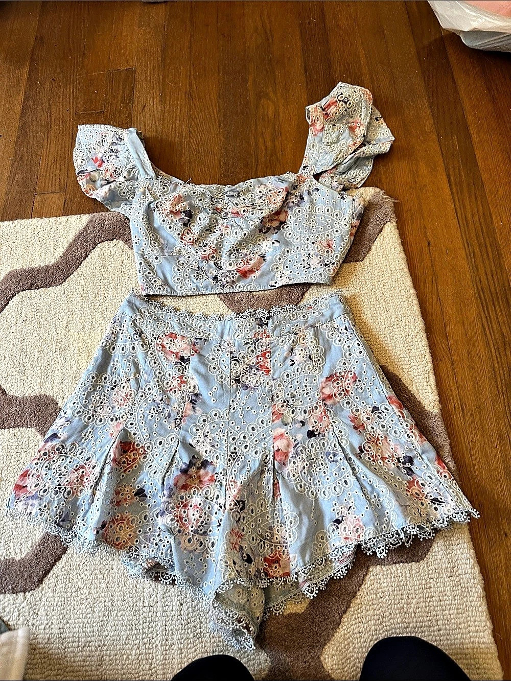 Just Me Embroidered Floral Skirt Set in Blue & White Size Medium